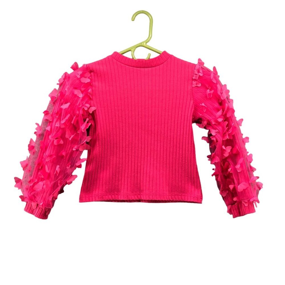 Shein Girls Size 7-8‎ Pink Ribbed Butterfly Chiffon Applique Puff Sleeve Sweater